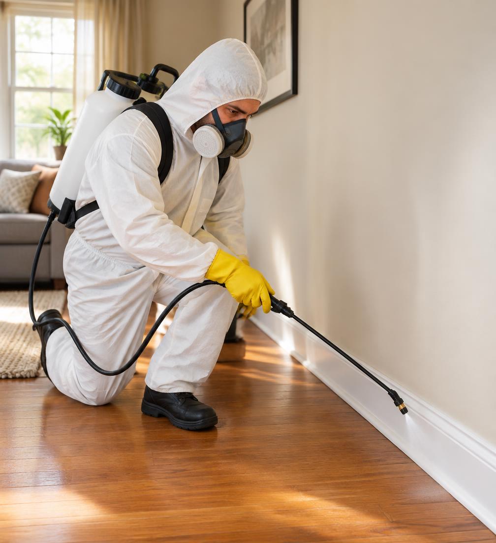 Pest control technician treating a home baseboard
